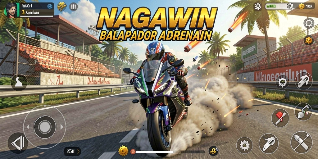 Tampilan gameplay seru NAGAWIN di trek balapan motor.