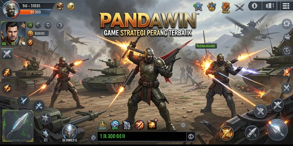 Tangkapan layar gameplay PANDAWIN yang menampilkan pertempuran epik.