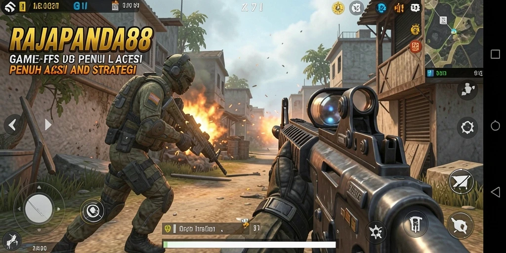 Tangkapan layar gameplay RAJAPANDA88 menampilkan aksi menegangkan di medan perang FPS.