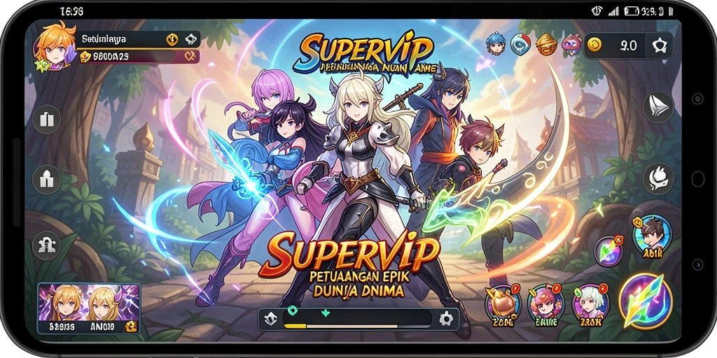 Tampilan gameplay SUPERVIP yang penuh warna dan dinamis.
